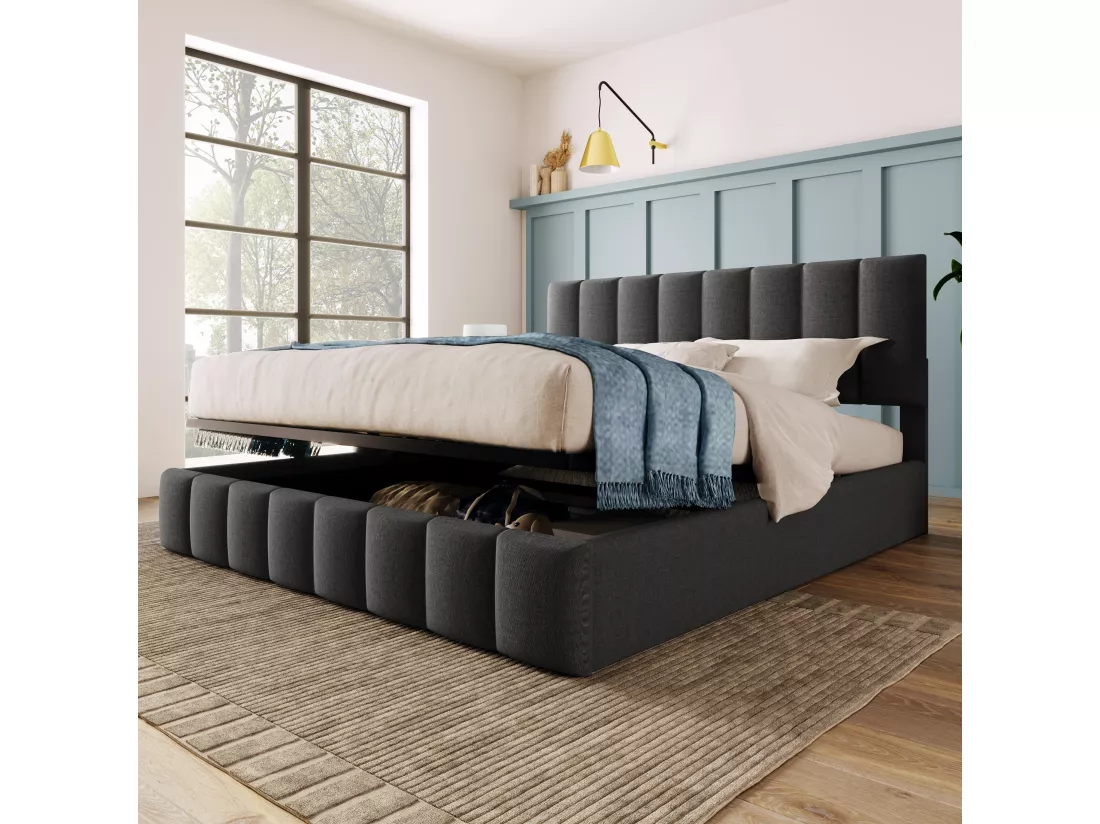 Lit double coffre 140x200cm tissu lin gris foncé, tête de lit réglable avec sommier à lattes rangement (sans matelas) IKKEK