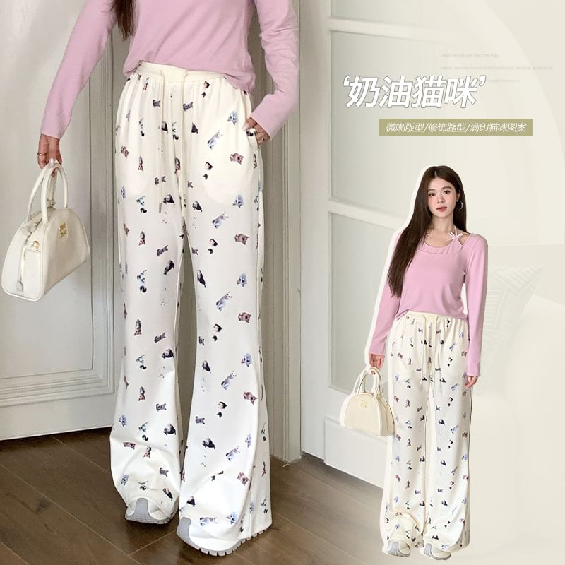 Appelsin - Wijde broek met trekkoord en kattenprint