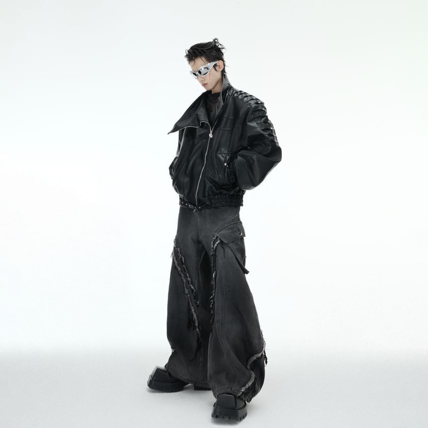 kooklay - Mid Rise Washed Fray Panel Wide Leg Cargo Jeans