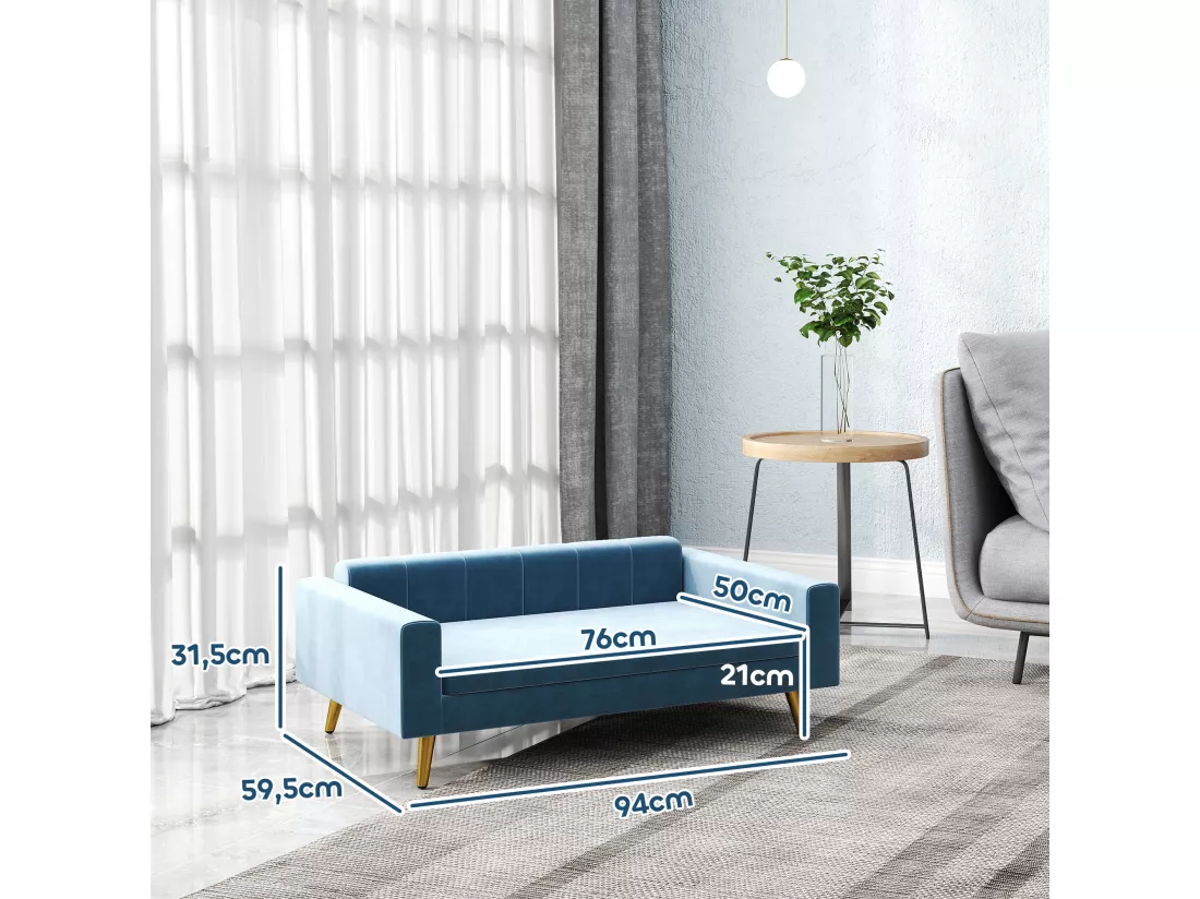 Canapé chien style art déco - dim. 94L x 59l x 31H cm - coussin amovible déhoussable - acier doré velours bleu