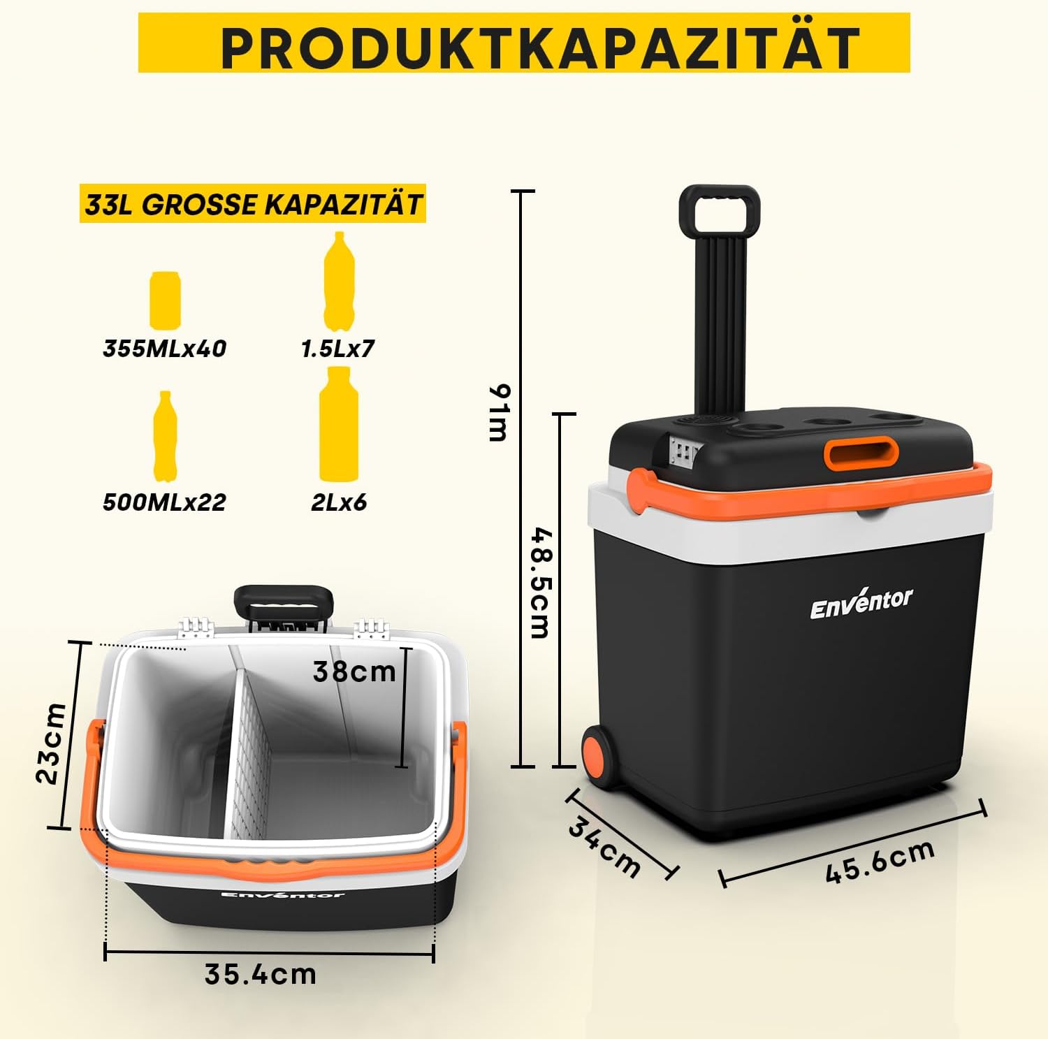 Enventor Kühlbox 33 Liter, Elektrische Kühlbox mit Rollen & Verlängerter Griff, Gefrierbox zum Warmhalten und Kühlen, 12V 230V, ECO Modus, Kühlschrank für Auto, Camping und Boot