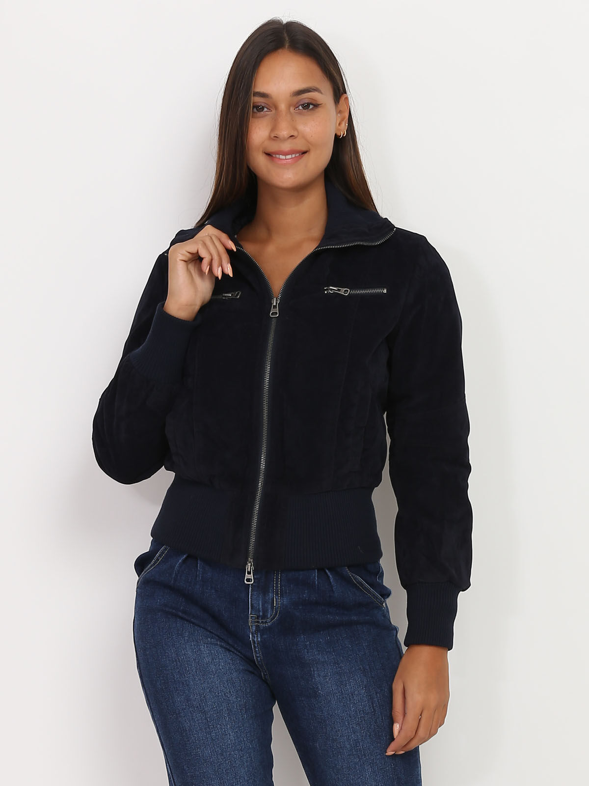 Bomber en suédine à poches zippées- Bleu marine