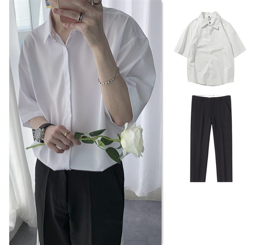 Diphon - Effen overhemd met elleboogmouwen / pantalon / korte broek / set