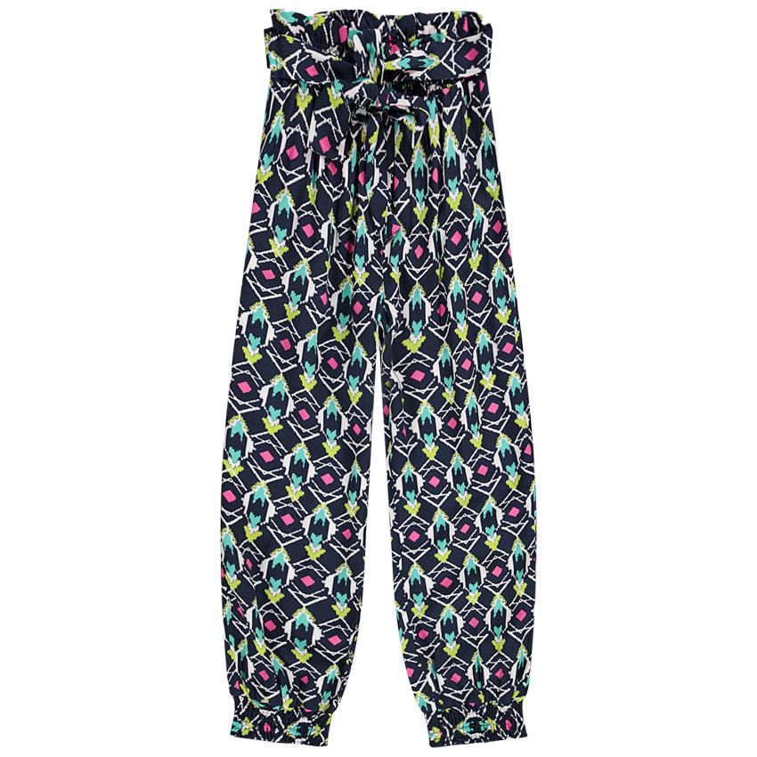Pantalon fluide imprimé aztèque avec ceinture à nouer pour fille - Bleu marine