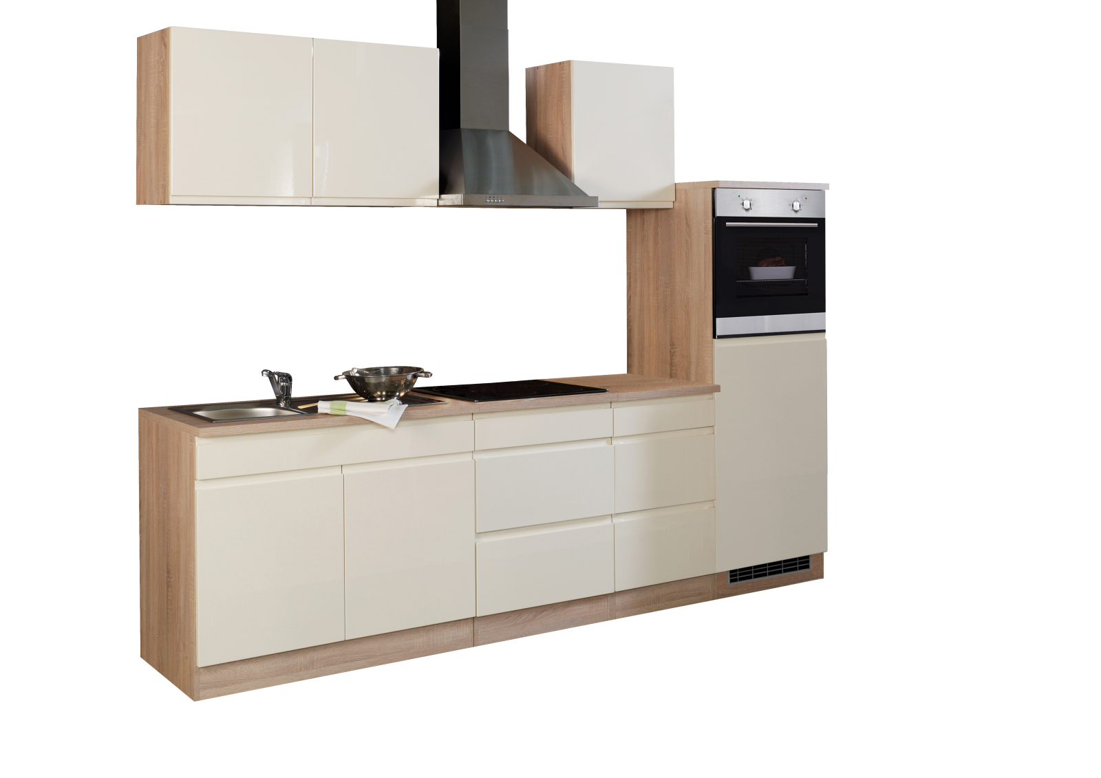 Küchenblock WIEN - creme Hochglanz-Sonoma Eiche - mit E-Geräten - 270 cm