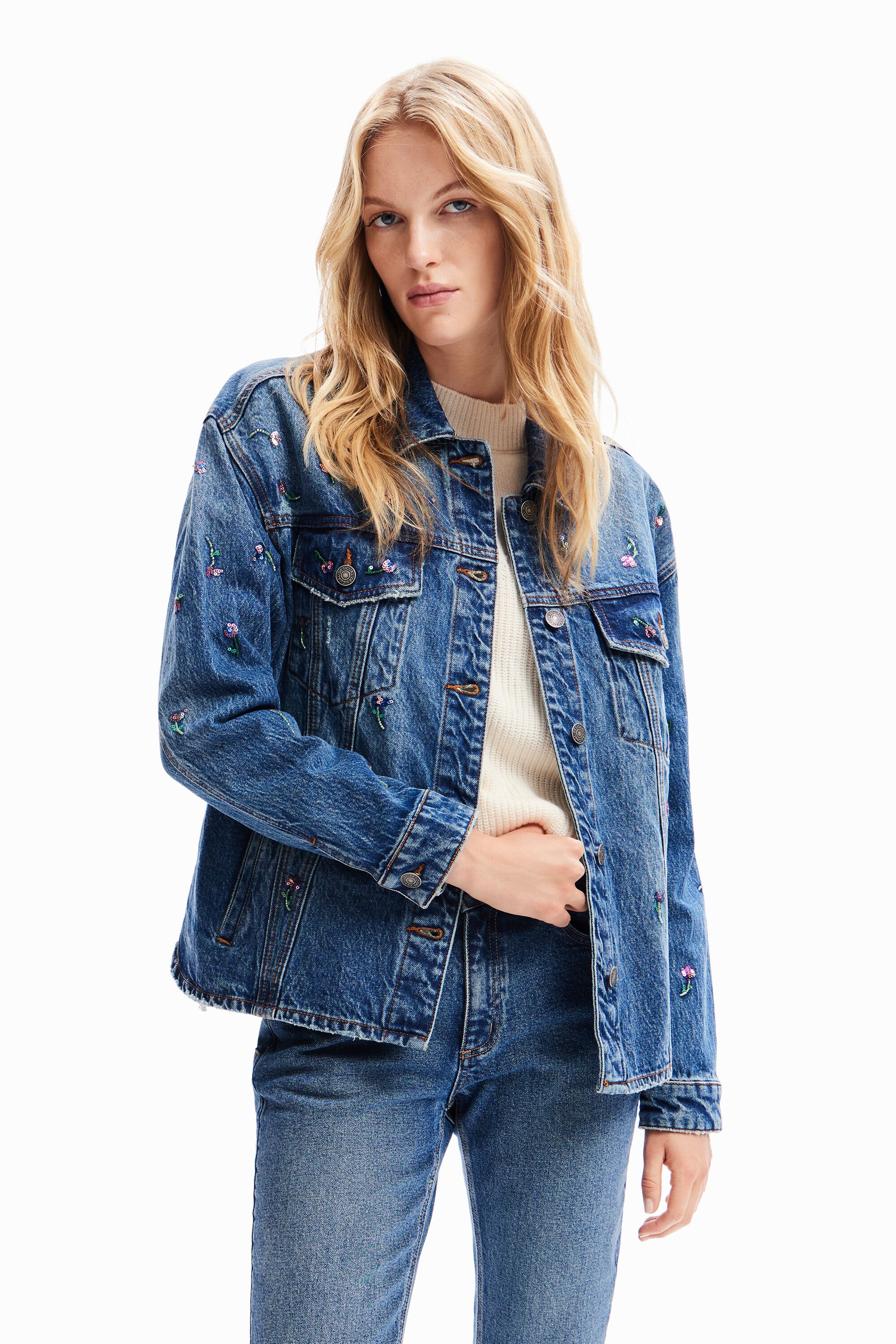 Veste trucker jean fleurs