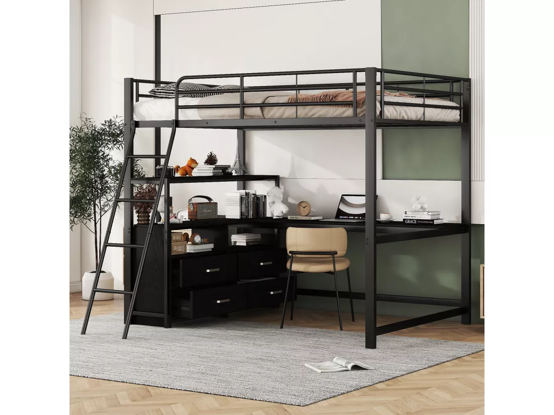 Lit mezzanine 140 x 200 cm avec bureau d'angle en L et 4 tiroirs - Métal - Noir (sans matelas)