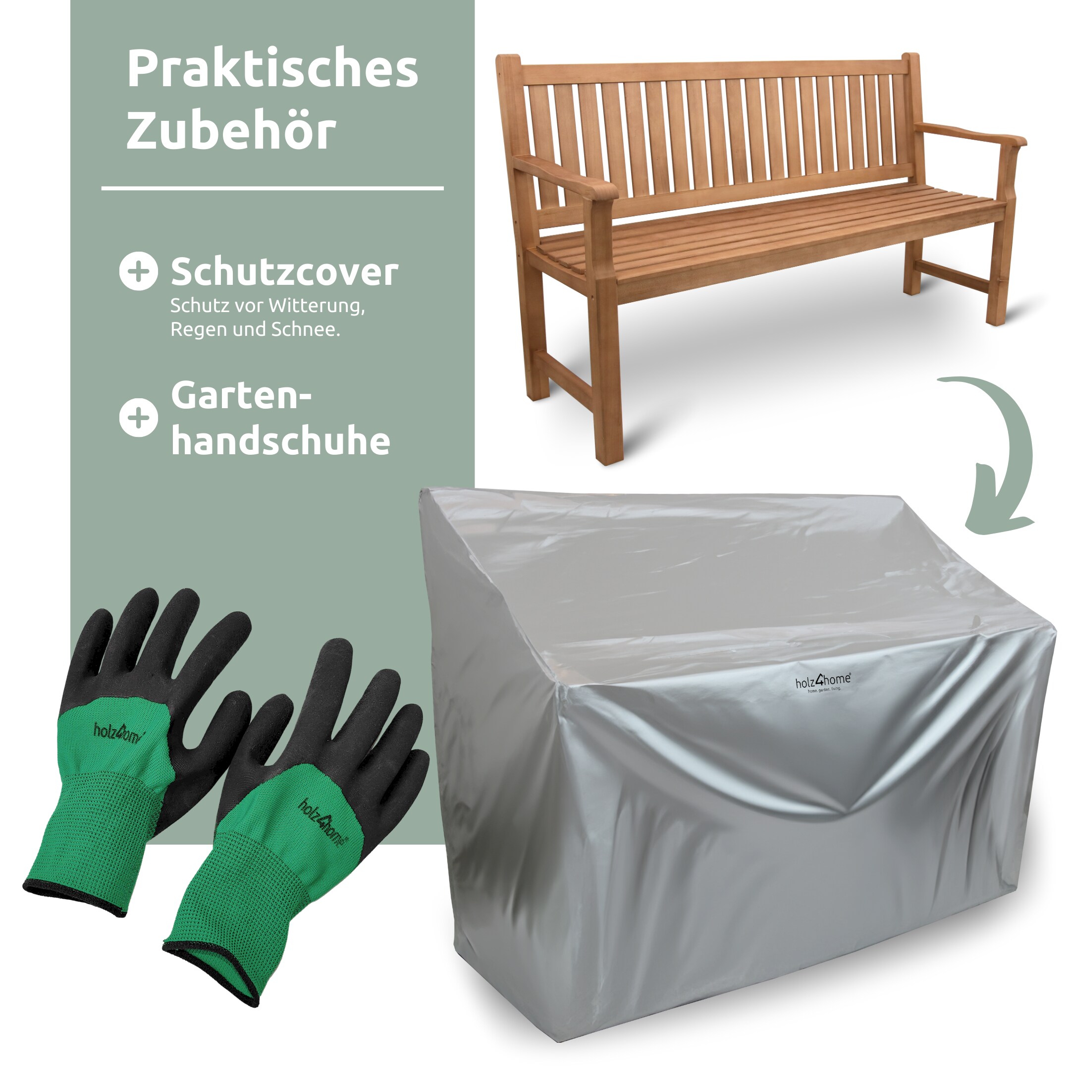 holz4home® Gartenbank aus Holz mit Schutzabdeckung und Gartenhandschuhen | 150cm