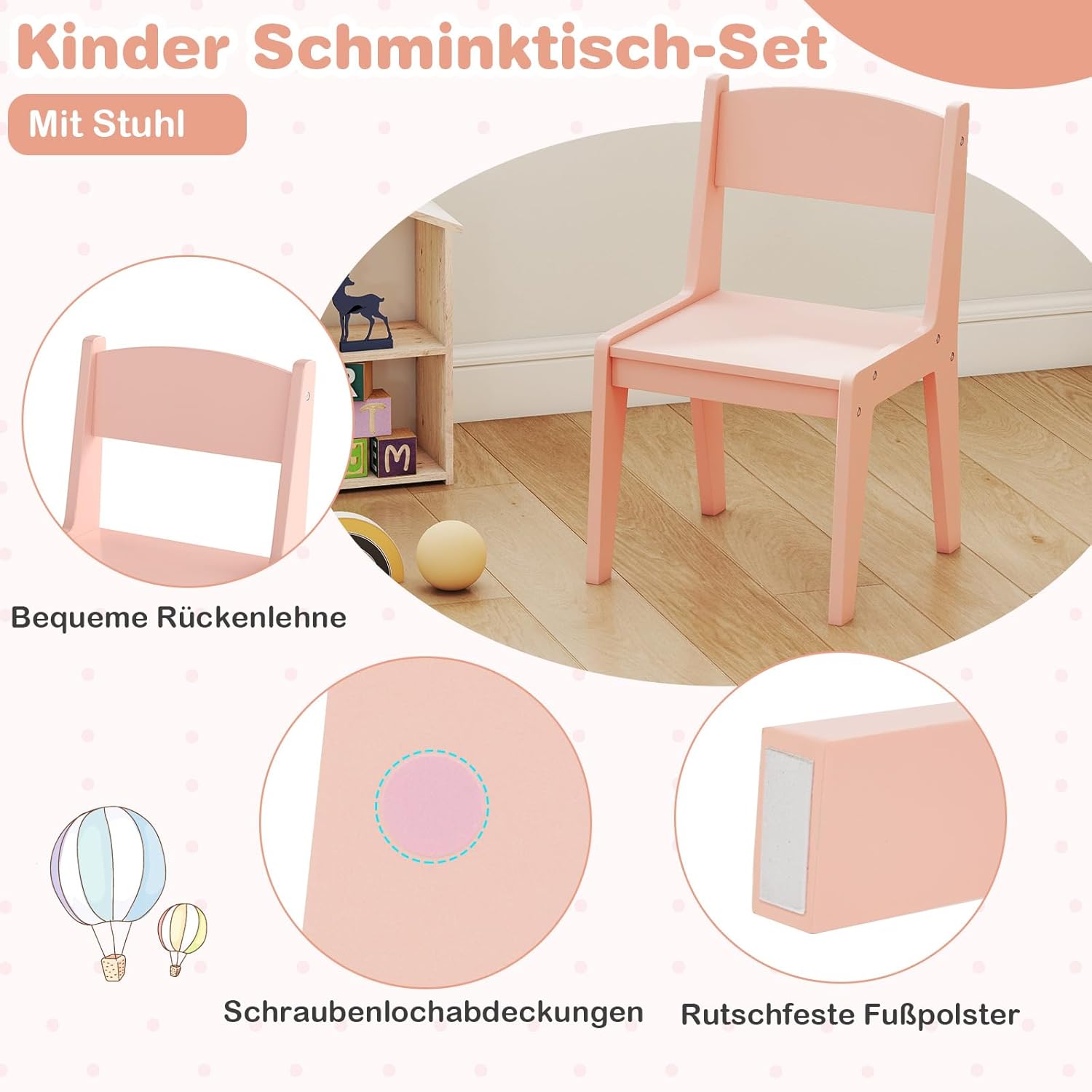 COSTWAY 2 in 1 Kinder Schminktisch Set, Frisertisch mit Hocker, LED-Leuchten, Spiegel, Schrank & Schublade, Kosmetiktisch Schminkkommde mädchen aus Holz für Kinder ab 3 Jahren (Hellrosa)