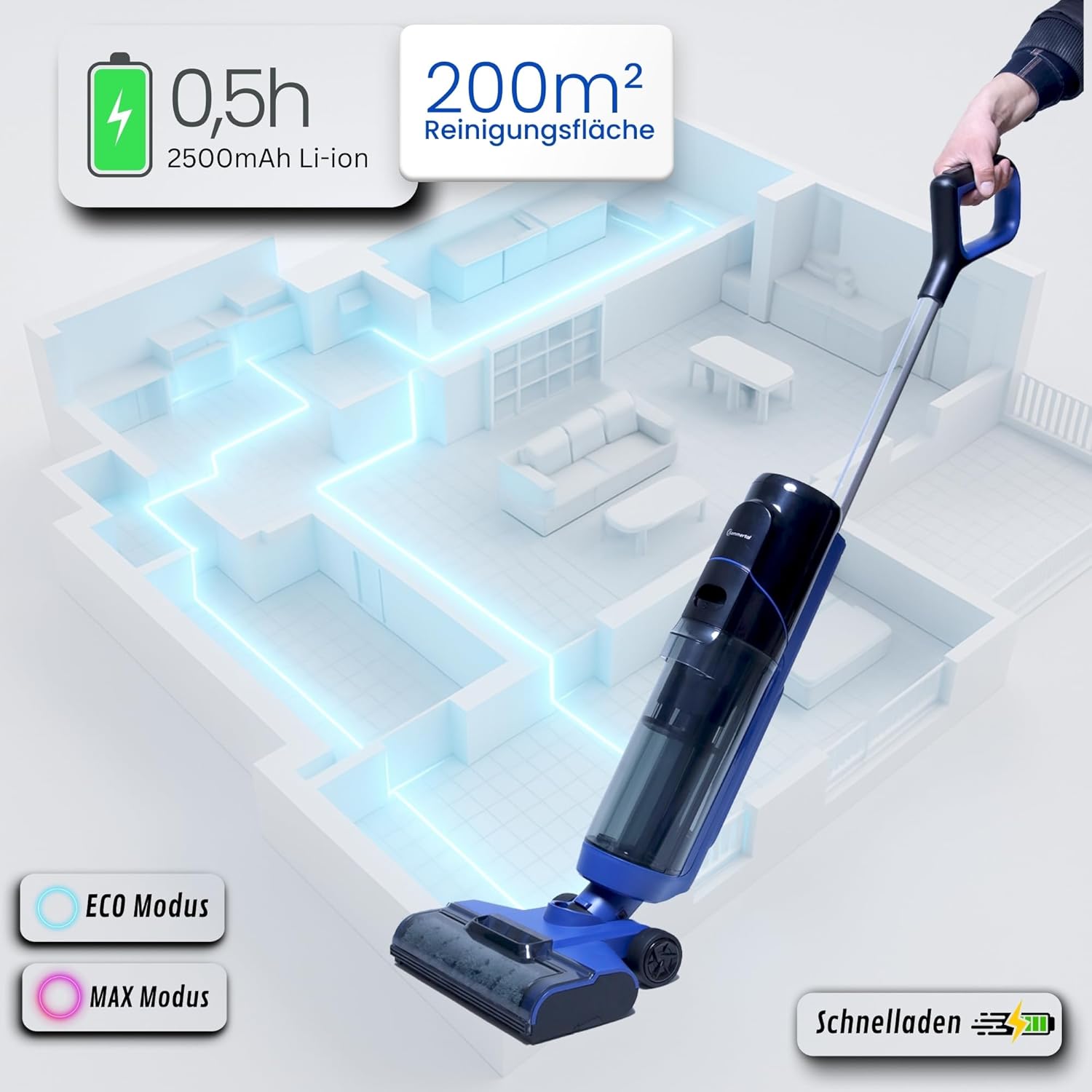 Nass Trockensauger Akku – starker Kabelloser Wischsauger mit Selbstreinigung, 700ml Doppeltank, HEPA-Filter, Display, 360° Bürste, für Hartboden, Laminat, Fliesen, Tierhaare & Parkett
