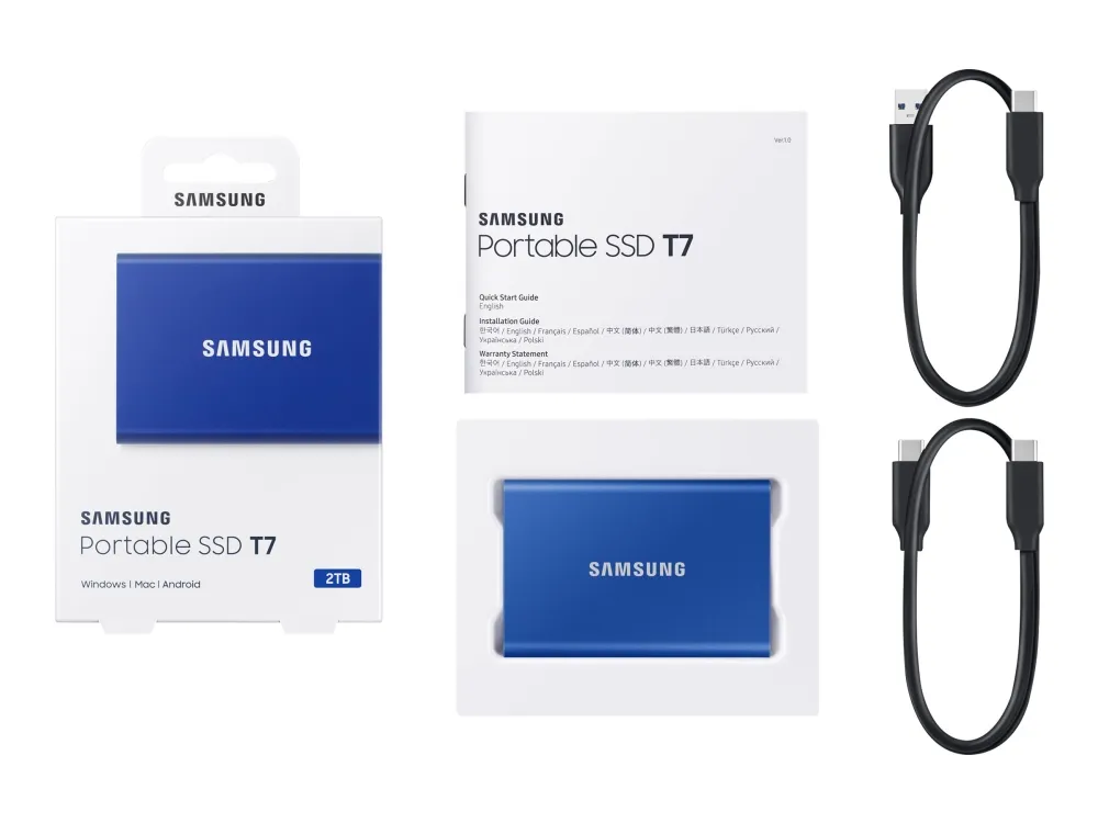 Samsung T7 MU-PC2T0H - SSD - krypteret - 2 TB - ekstern (bærbar) - USB 3.2 Gen 2 (USB-C stikforbindelse) - 256-bit AES - indigoblå