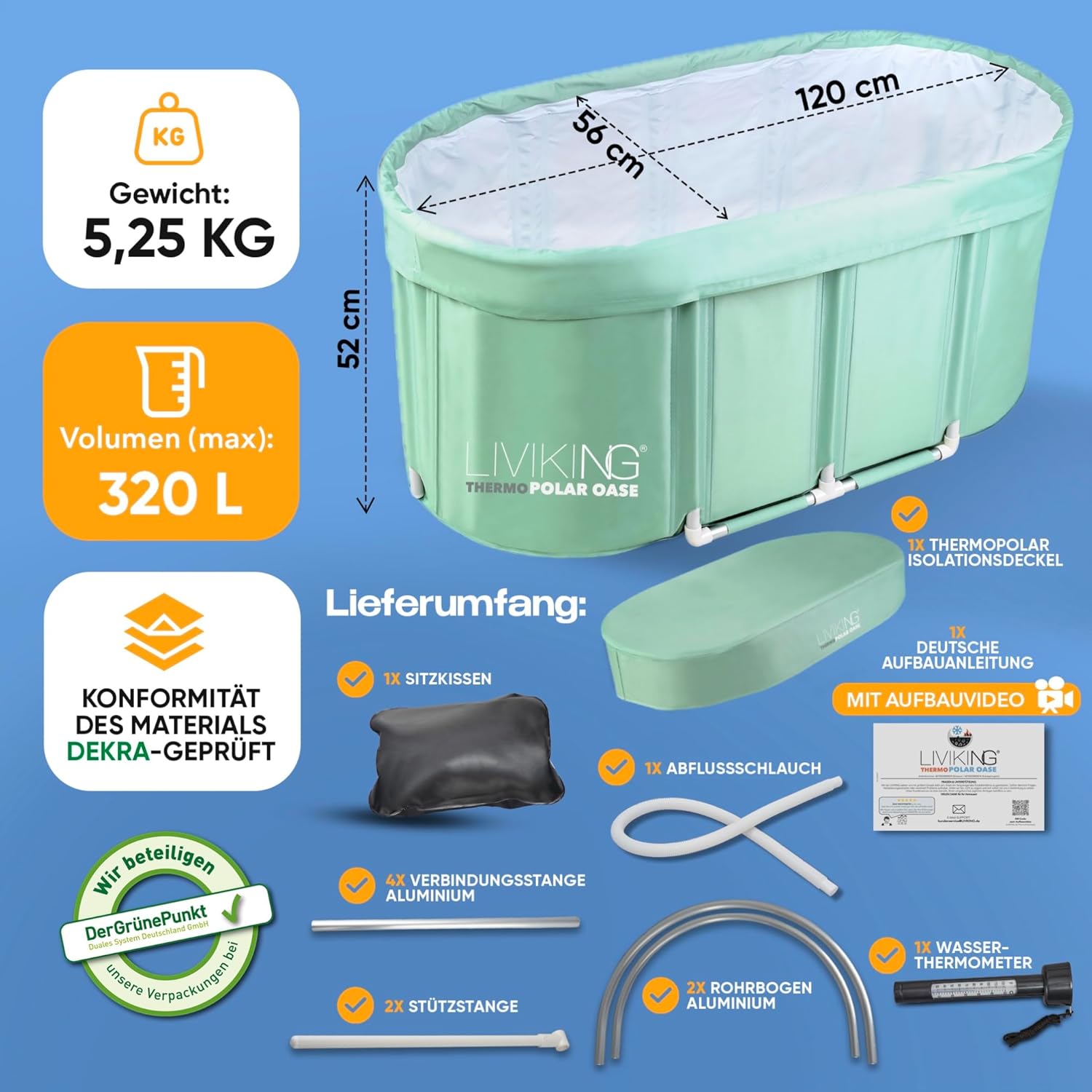 Eisbad + Faltbare Badewanne Erwachsene [120 cm - 2in1 KOMFORT KOMPLETTSET] Eisbaden Tonne, Mobile Badewanne Outdoor & Eistonne – Jetzt Eintauchen! (Klassisch, Eukalyptus Grün)