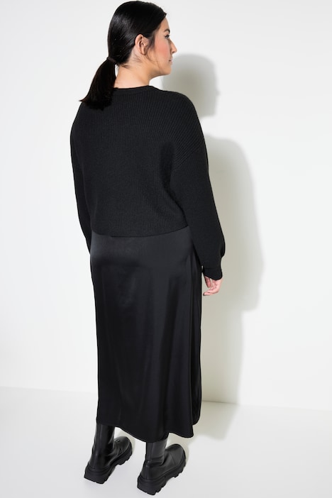 Maxikleid, Boxy Shape, Layering-Look, Strick und Satin