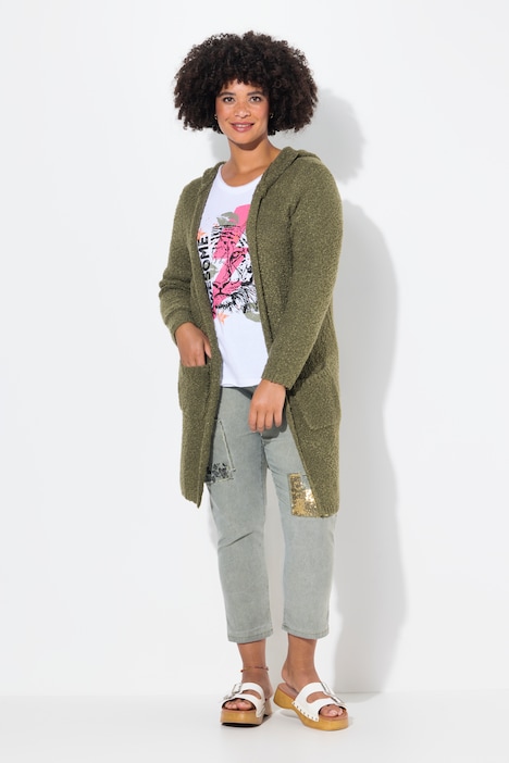 Long-Strickjacke, Noppen-Struktur, Kapuze