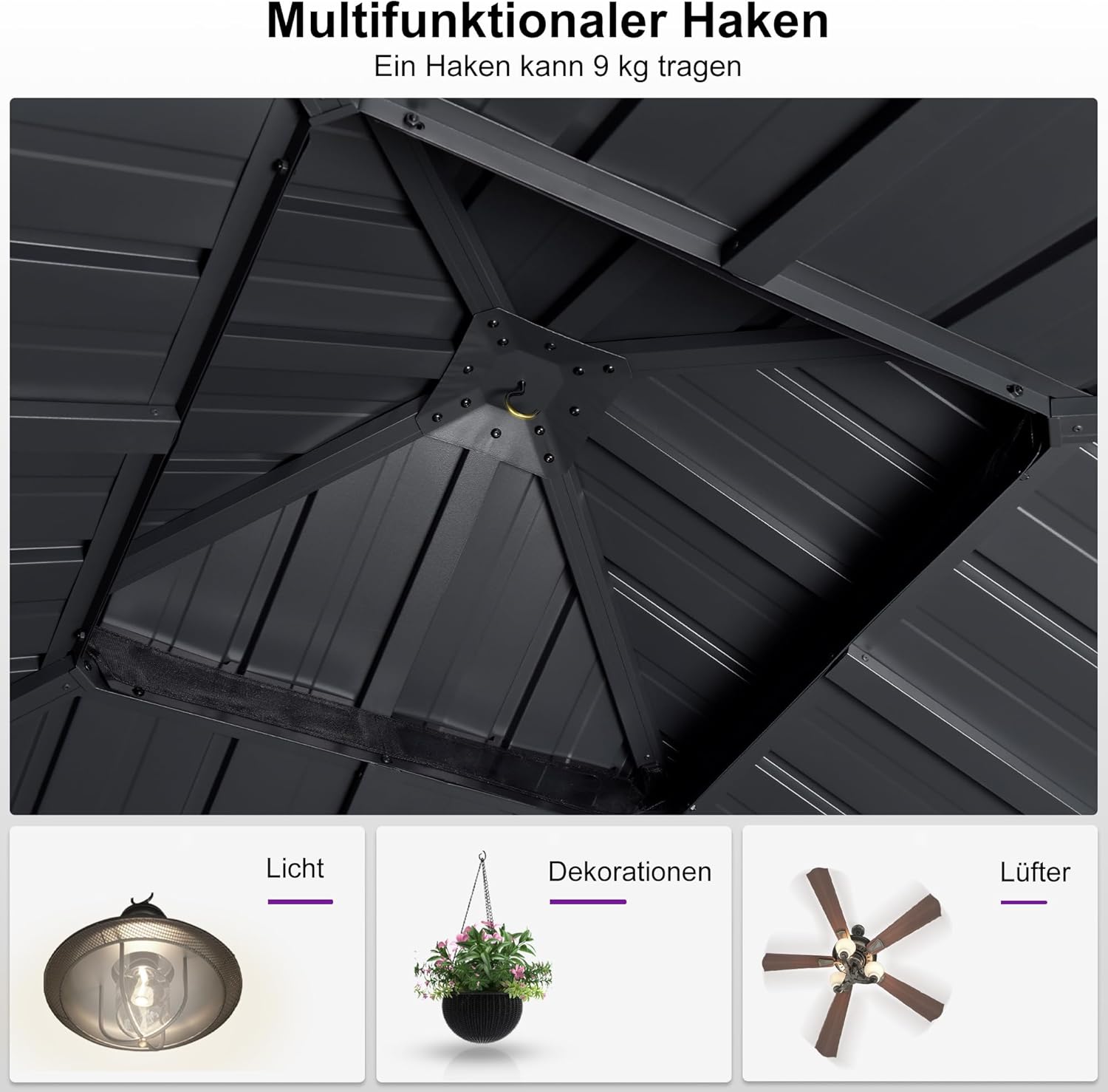 PURPLE LEAF Alu Pavillon 3.65 x 3.65 m Festem Dach, Basisch Gartenpavillon Wasserdicht Stabil Winterfest Stahldach Hardtop Pavillon mit Seitenteilen für Carport, Grau