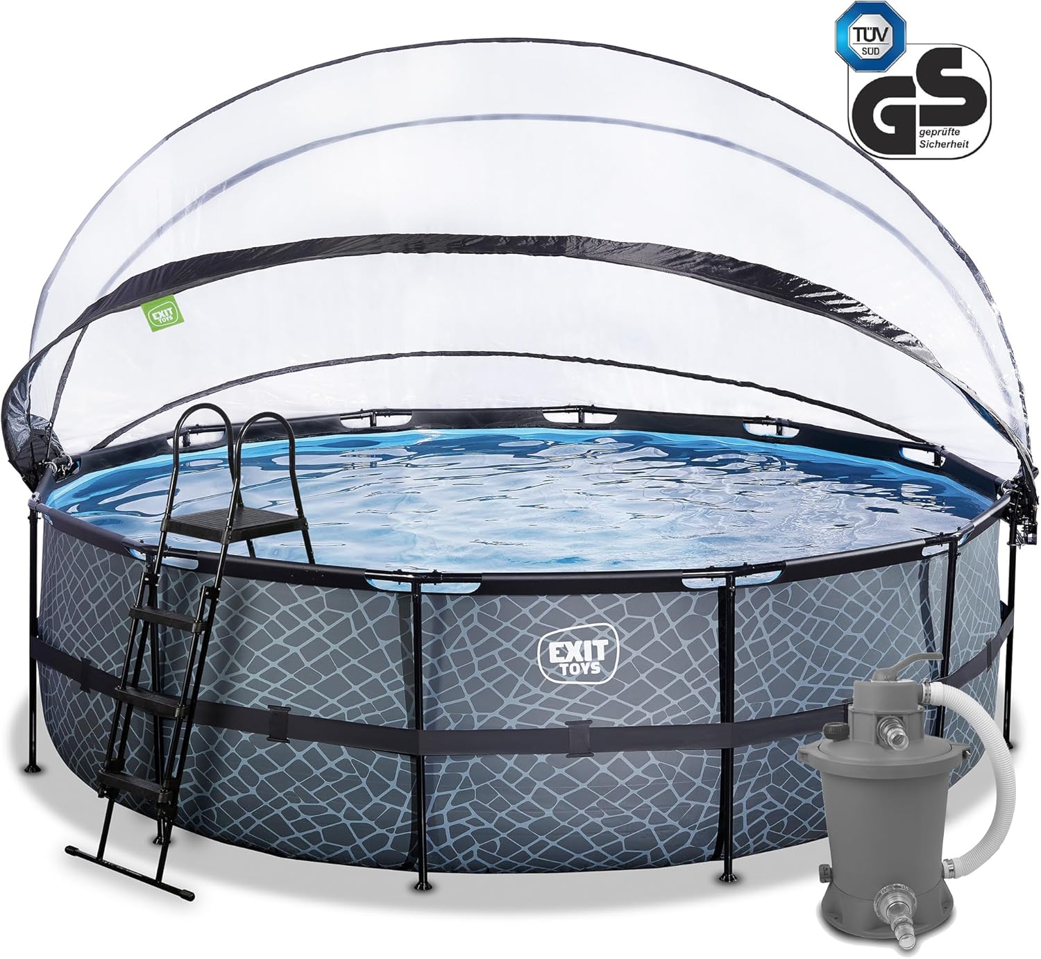 EXIT Toys Stone Pool mit Multifunktionale Abdeckung - ø488x122cm - Großer, Runder Rahmenpool mit Sandfilterpumpe und Poolleiter - Extra tiefer Pool - Für Sauberes und Warmes Poolwasser - Grau
