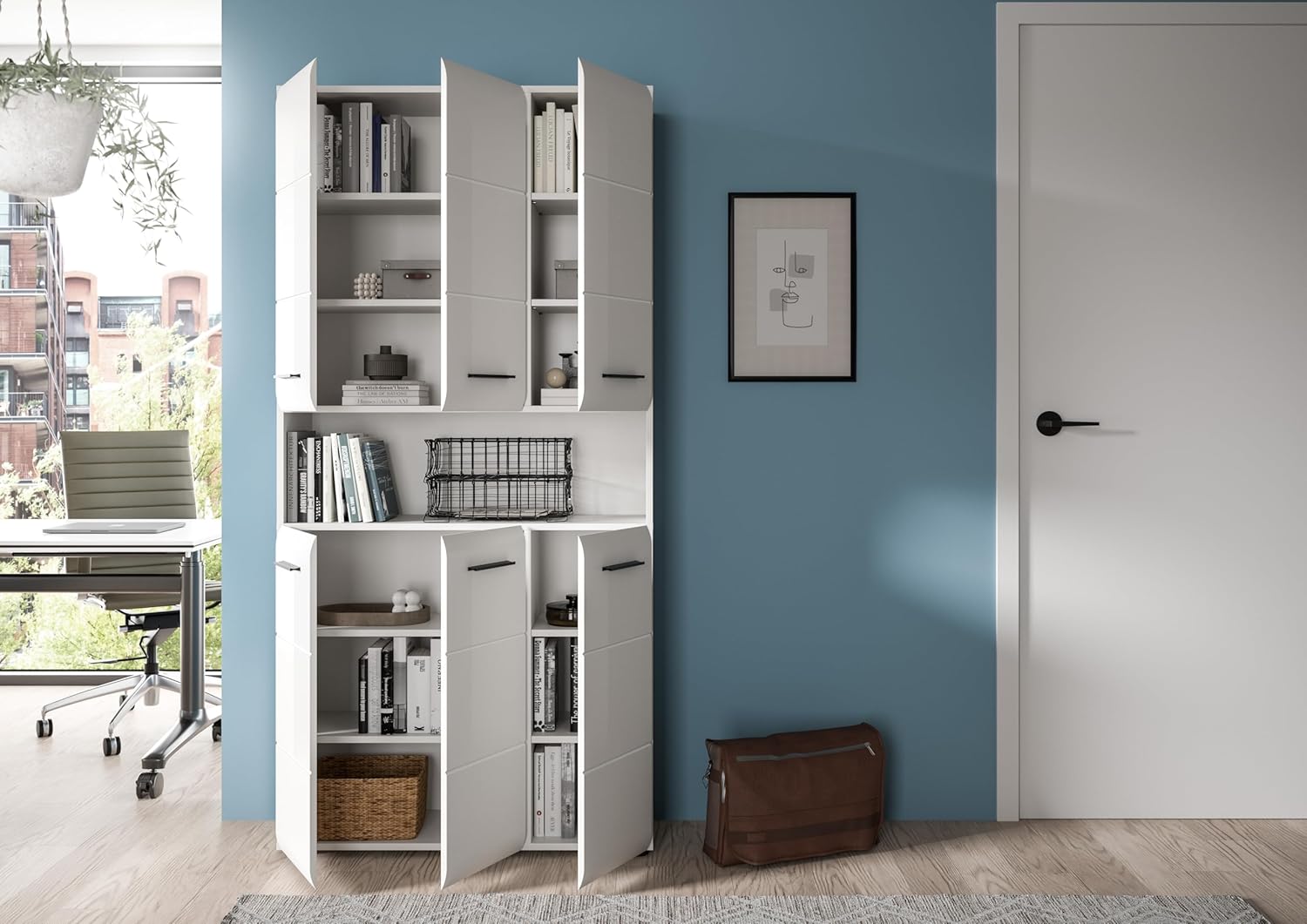 xonox.home – Mehrzweckschrank Ice 90x185x30 cm in Korpus weiß Nachbildung und Front weiß Hochglanz – weißer Badschrank Hochschrank breit – modern & platzsparend