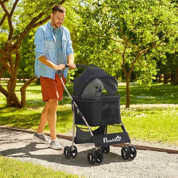 Hundevogn 2-I-1 Hundevogn & Bæreveske, Sammenleggbar Hundevogn Med Pute, 4 Hjul, Mesh-Vindu, Oxford Cloth, Svart