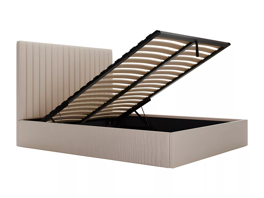 Lit coffre 140 x 190 cm avec tête de lit coutures verticales - Velours côtelé - Beige + Matelas - SARAH