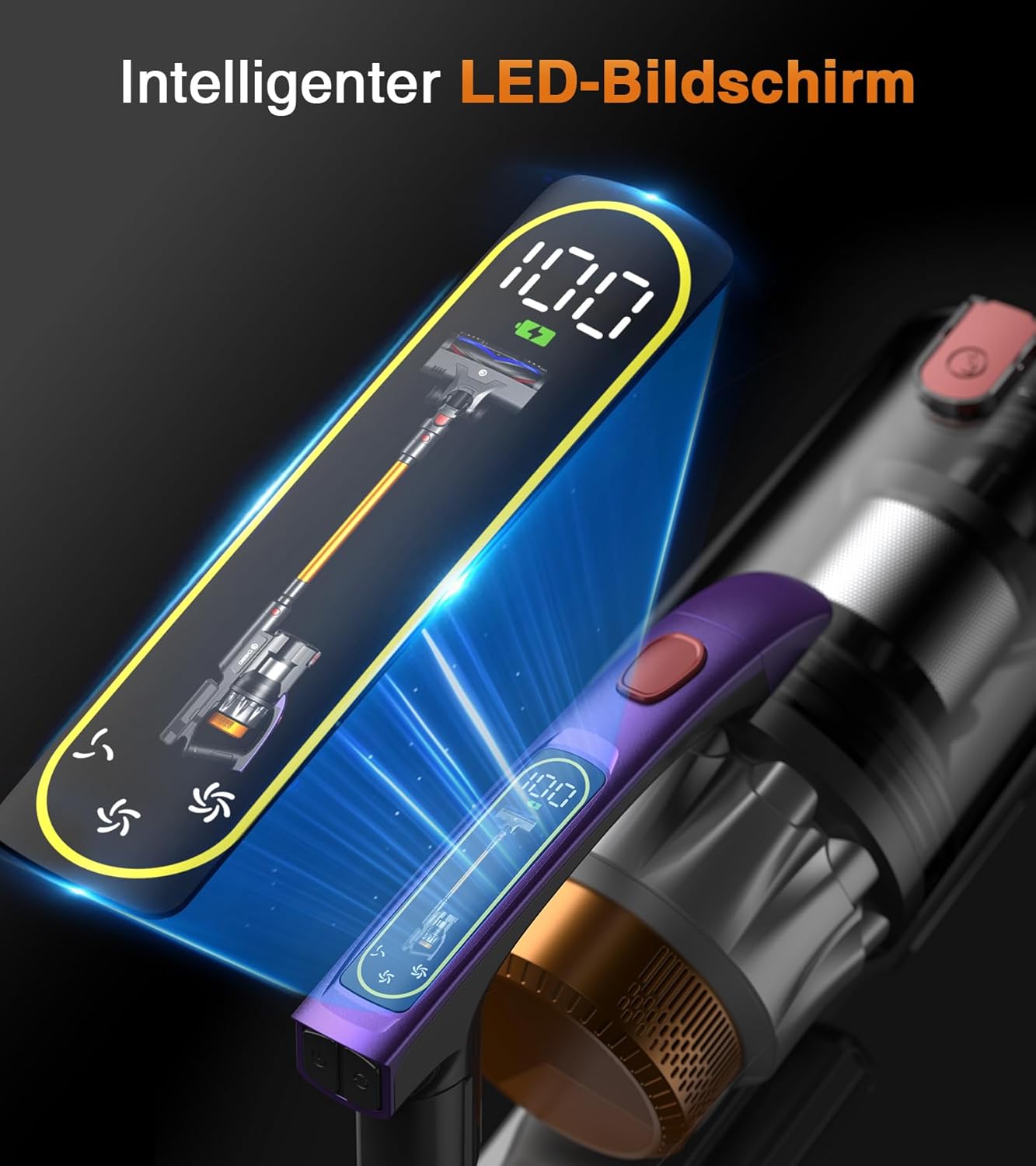 Akku Staubsauger 50000Pa/600W/75Min, 1.8L Staubsauger Kabellos mit Freistehender, LED Display, Anti-Tangle-Bürste, Wandladestation, Ultraleise, für Tierhaare/Hartböden/Teppiche/Auto