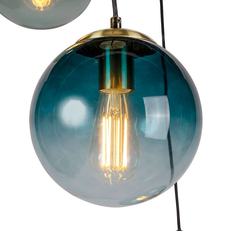 Art deco hanglamp messing met blauwe glazen - Pallon