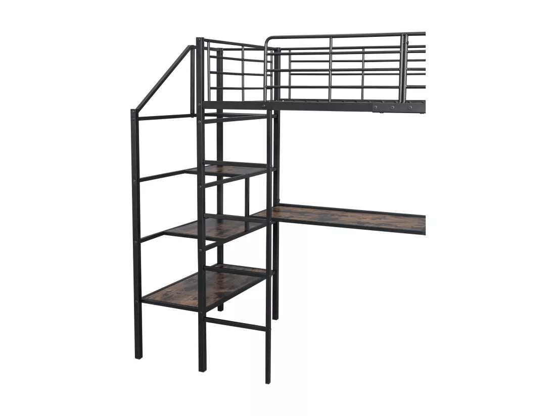 Lit mezzanine 90x200cm en métal - avec bureau et échelle de rangement - Noir