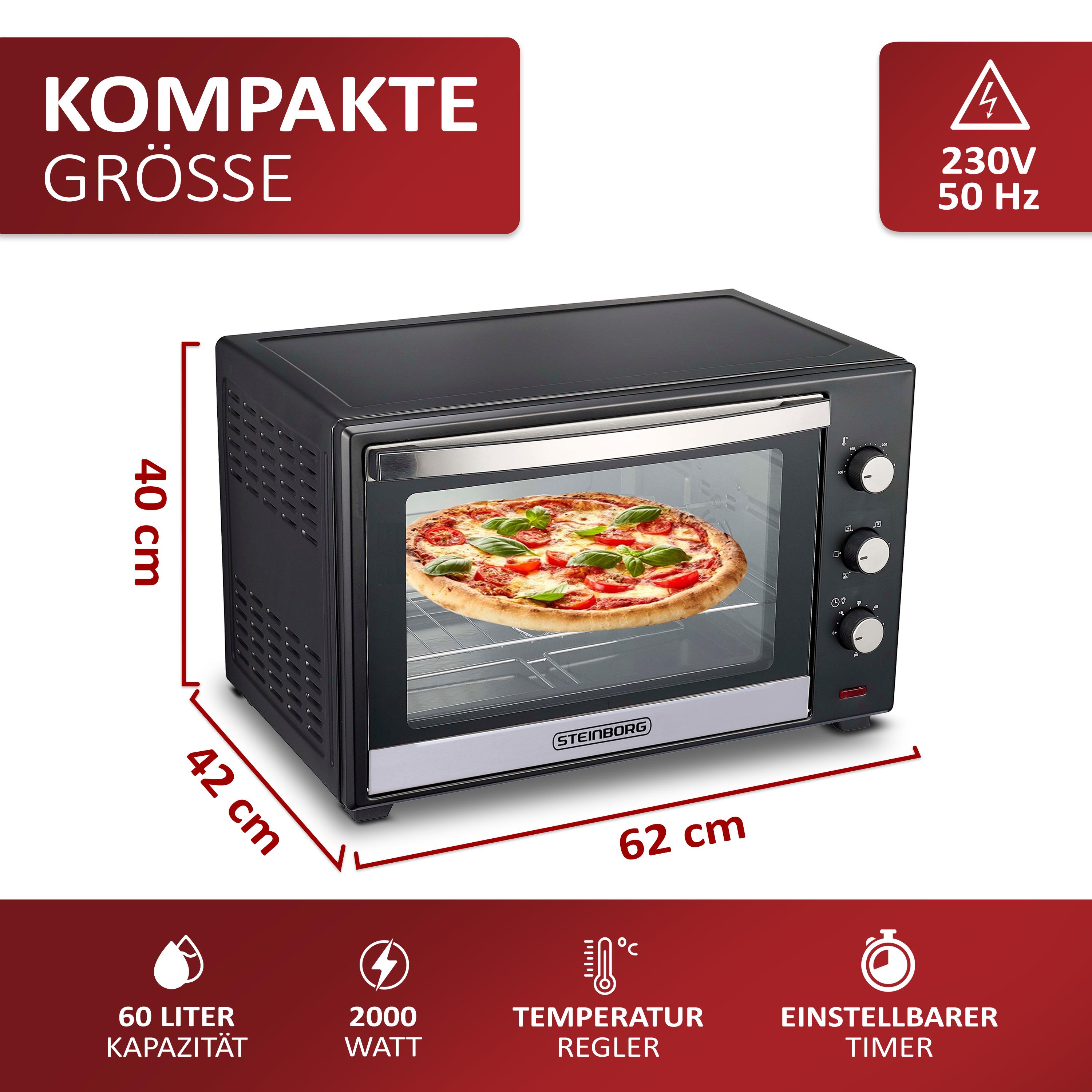 Steinborg Minibackofen 60L Pizzaofen 90 min. Timer 2000W schwarz