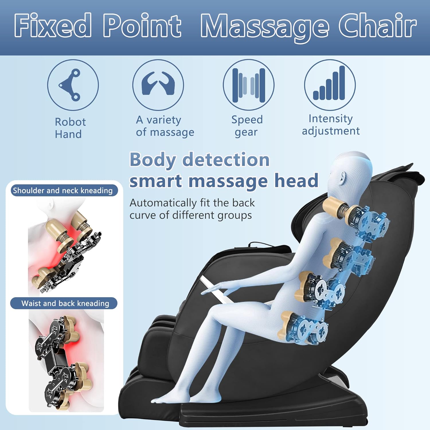 Cadeira de Massagem Elétrica Shiatsu de Corpo Inteiro com Gravidade Zero, Rolos para os Pés, Sistema Integrado de Massagem com Ar e Terapia de Calor, Alongamento e Vibração para Casa e Escritório (Preta)