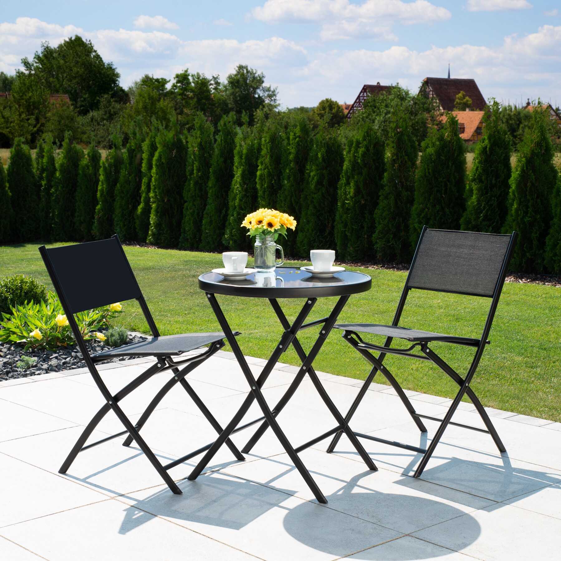tectake® Bistro-Set, klappbar, für 2 Personen, UV-beständig, Tisch mit Sicherheitsglasplatte