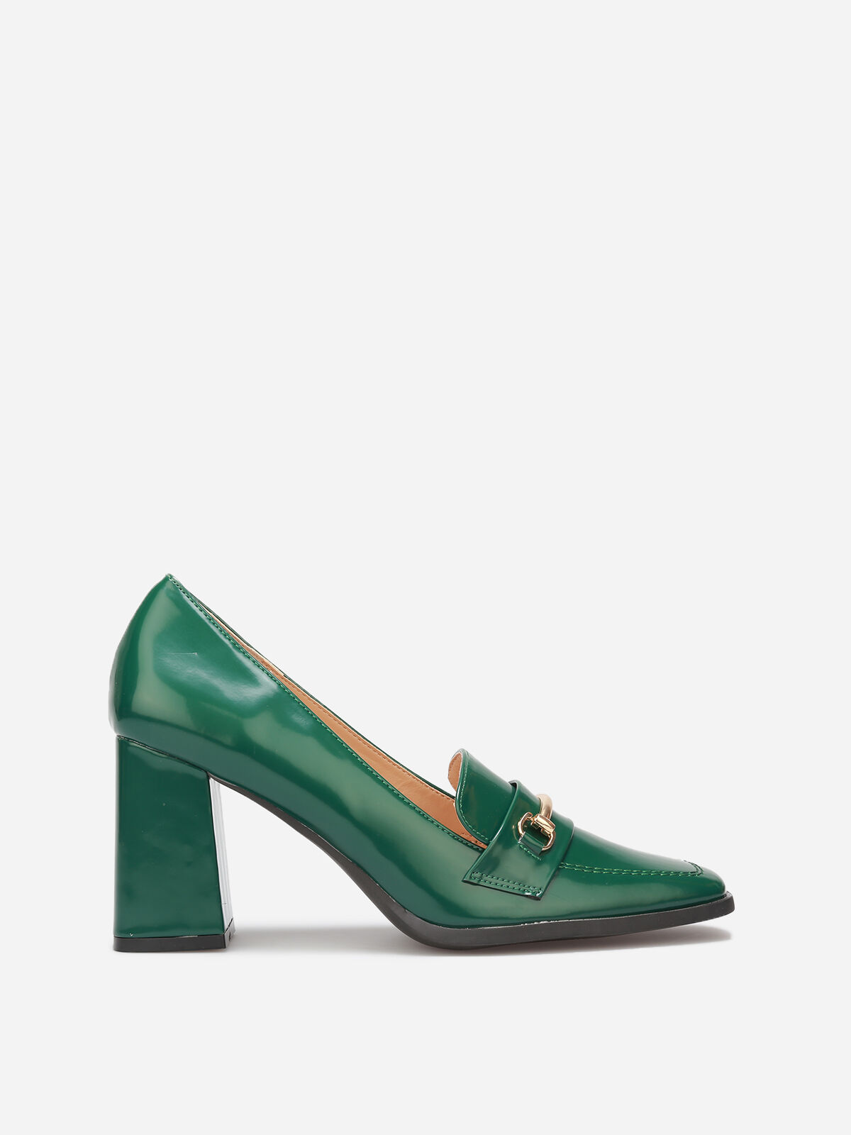 Mocassins vernis à talon et bride doré- Vert foncé