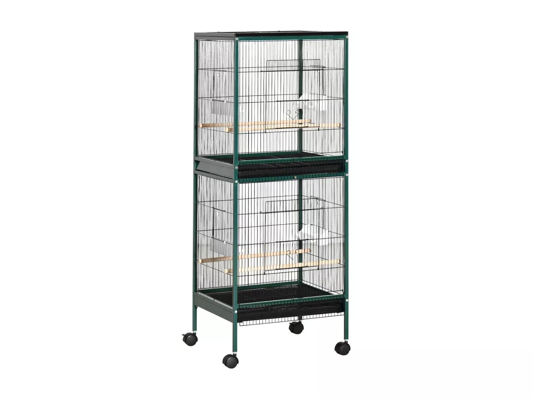 Grande cage à oiseaux sur pied à roulettes - volière double, mangeoires, perchoirs, plateau amovible - vert noir
