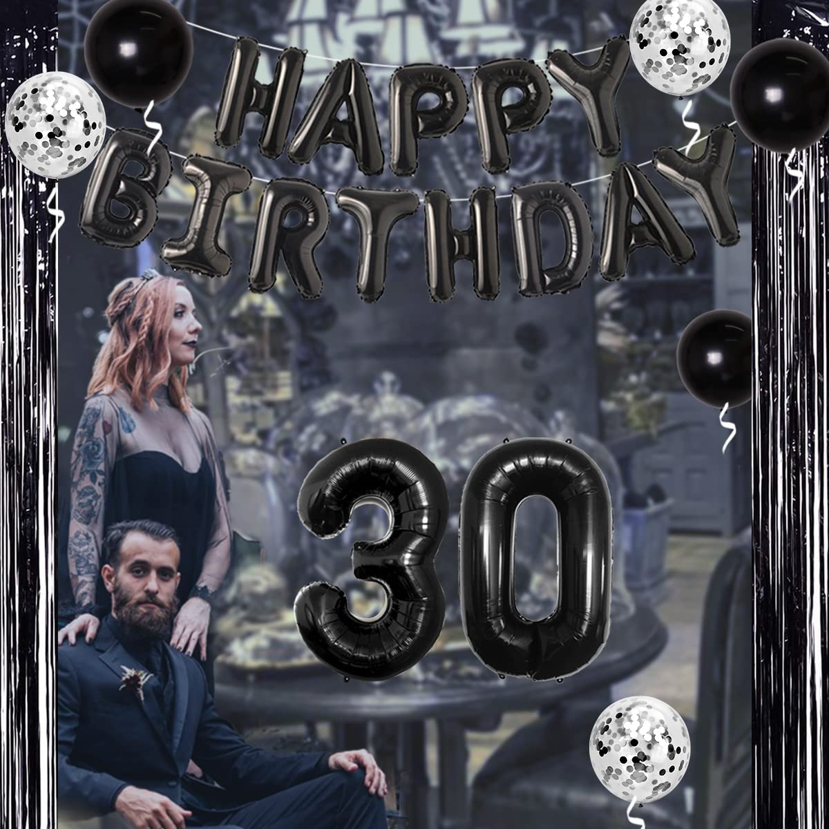 (21-tlg. Set) Happy Birthday Girlande R.I.P Twenties 30. Geburtstag Party Deko Grusel Grabstein Latex- und Folienballons / Lametta Vorhang - Schwarz