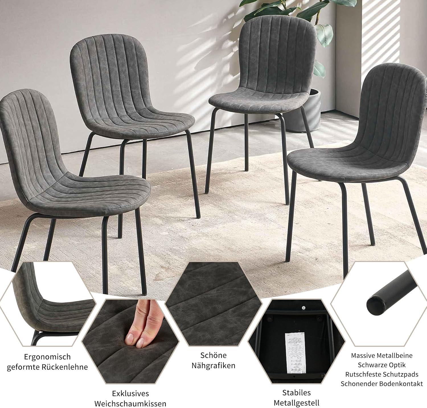 NORDICANA Esszimmerstühle 4er Set, Stuhl, Küchenstühle, Esszimmerstühle Kunstleder, mit Rückenlehne, Metallbeine, für Esszimmer, Wohnzimmer, Küche, Schlafzimmer und Empfangsraum (Grau)