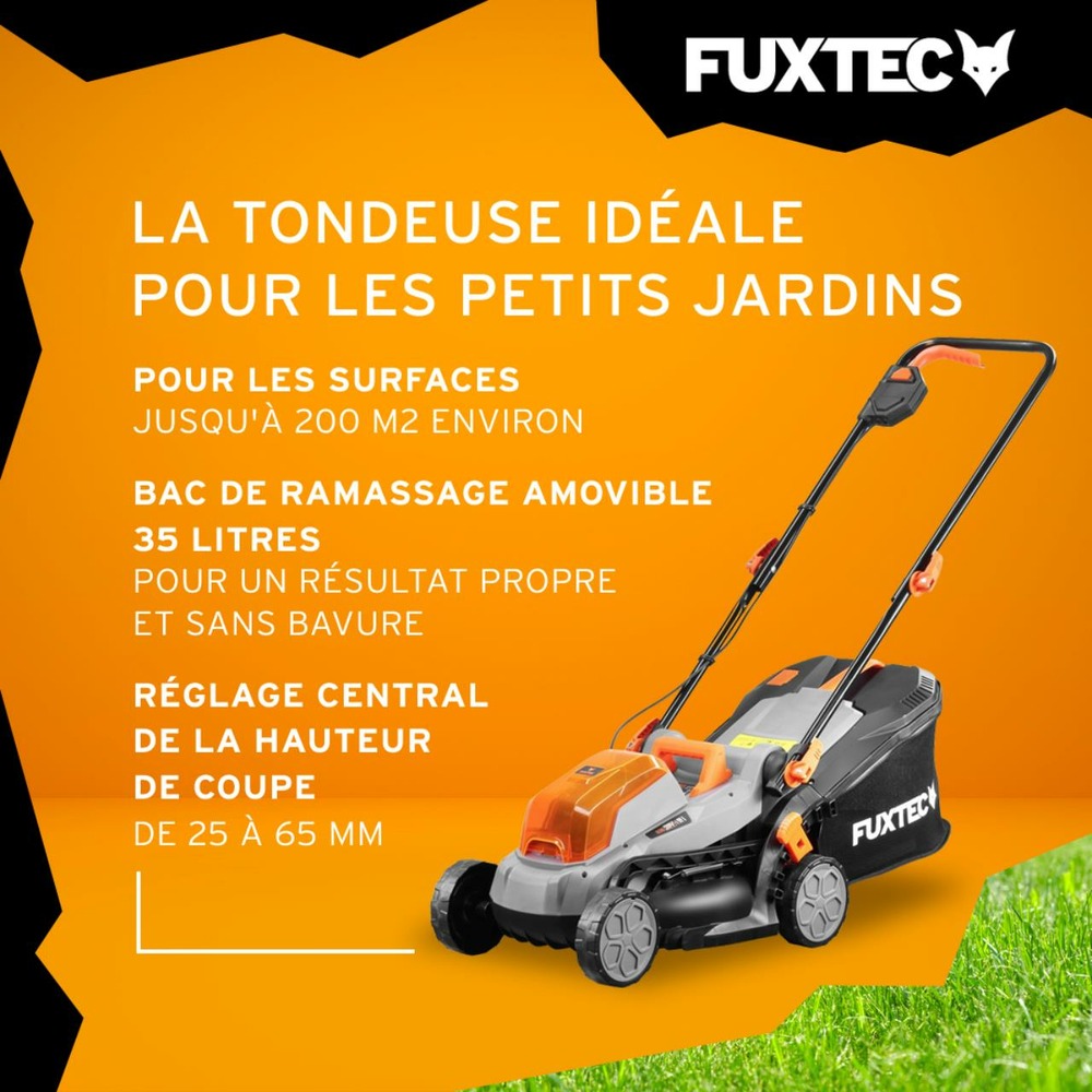 Tondeuse gazon batterie 40v (2x20v) - fx-e1rm20 - largeur 33cm 2 batteries li-ion 2ah, double chargeur 2,4a, bac 35l