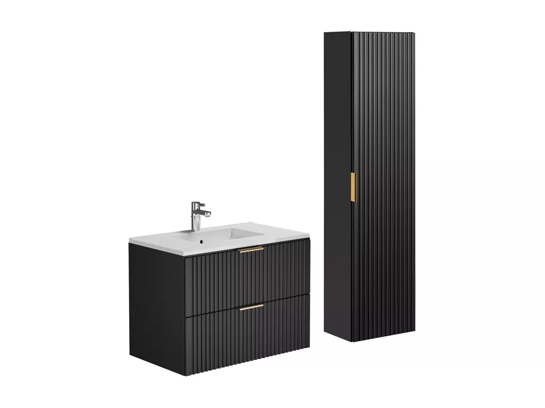 Meuble de salle de bain suspendu strié avec vasque à encastrer et colonne - Noir - 80 cm - ZEVARA