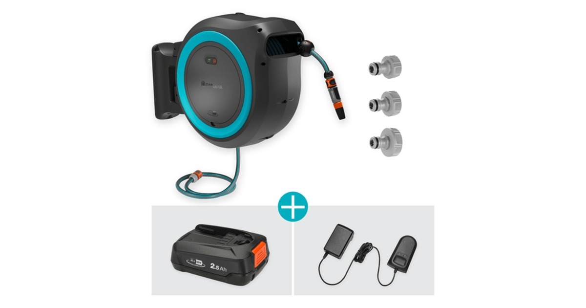 GARDENA35 m Wand-slangenbox Powerroll XL slanghaspel  (Grijs/turquoise, 35 meter, Accu en oplader inbegrepen, POWER FOR ALL ALLIANCE)