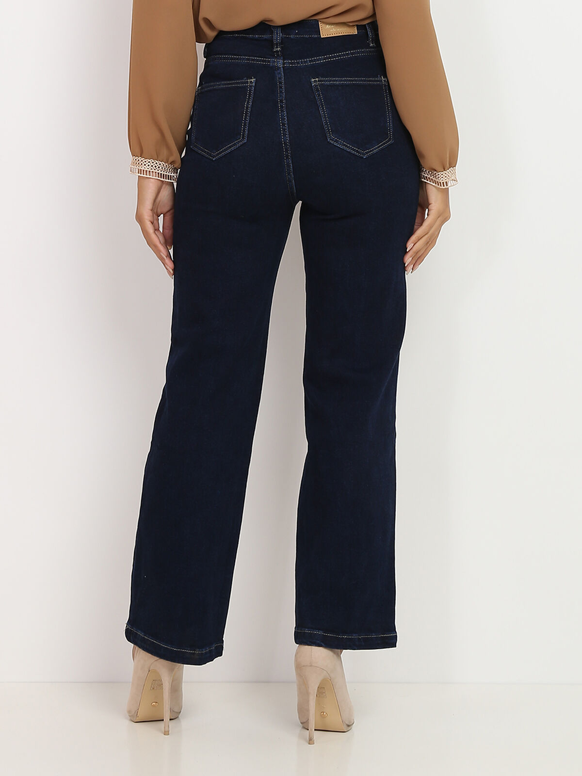 Jeans large taille haute à boutons- Bleu foncé