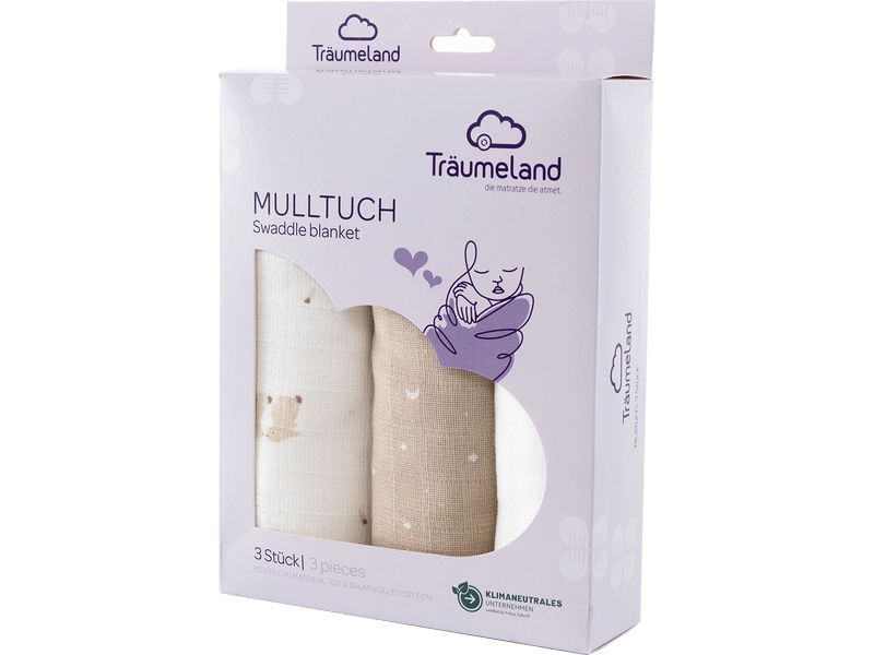 Träumeland Mulltuch Hophop Bunny beige 3er Set, 80 x 80 cm Kuschelweiche Stoffwindeln mit zeitlosem Sternchenprint
