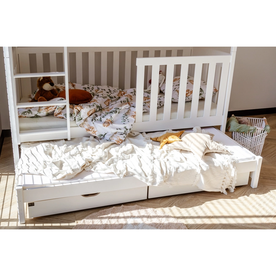 Kids Collective Hochbett 80x180 | 90x200 mit Ausziehbett Etagenbett mit Ausziehfunktion, Schubladen weiß mit 3 Matratzen
