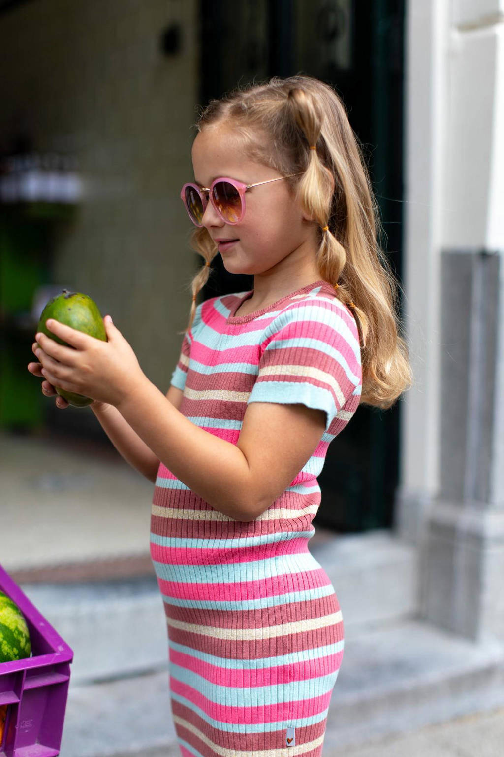 Moodstreet gestreepte jurk lichtblauw/roze
