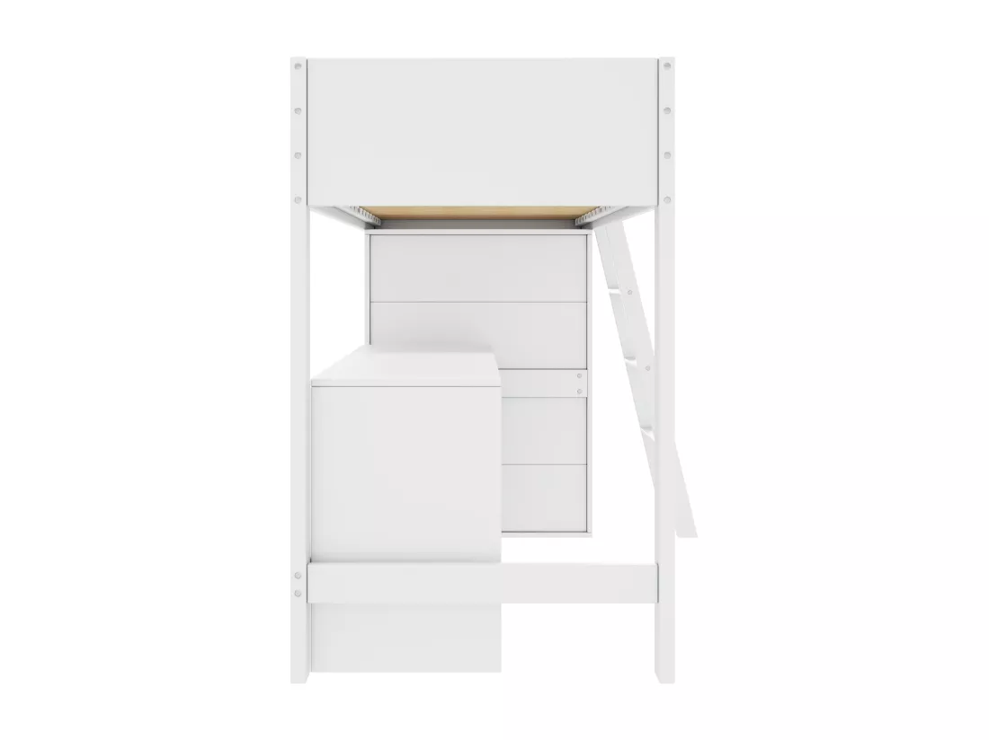 Lit mezzanine 90x200cm en bois - avec bureau et armoire modulable - Blanc