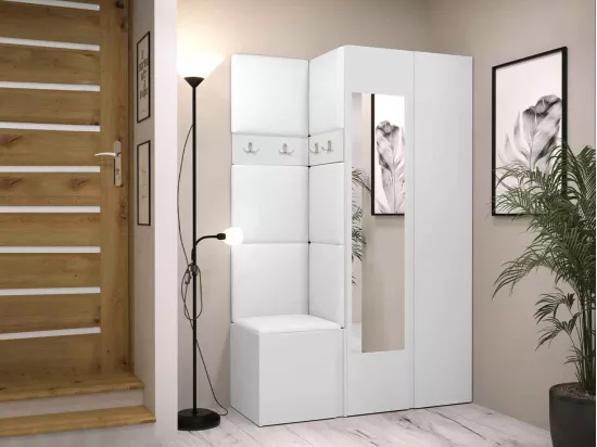 Meuble d'entrée Hartford 350, 186x116x44cm, Miroir, Blanc, Faux cuir|Stratifié