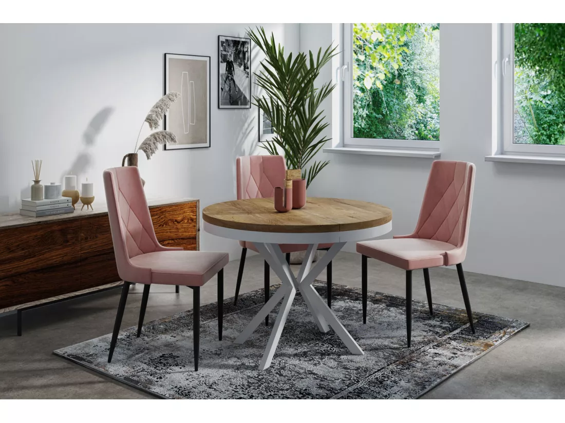 Table à Manger Extensible Ronde - Table Style Loft Avec Pieds En Métal Blancs - 100 à 180 Cm - Table Ronde Style Industriel Pour Le Salon - Compacte - 100 Cm - Chên