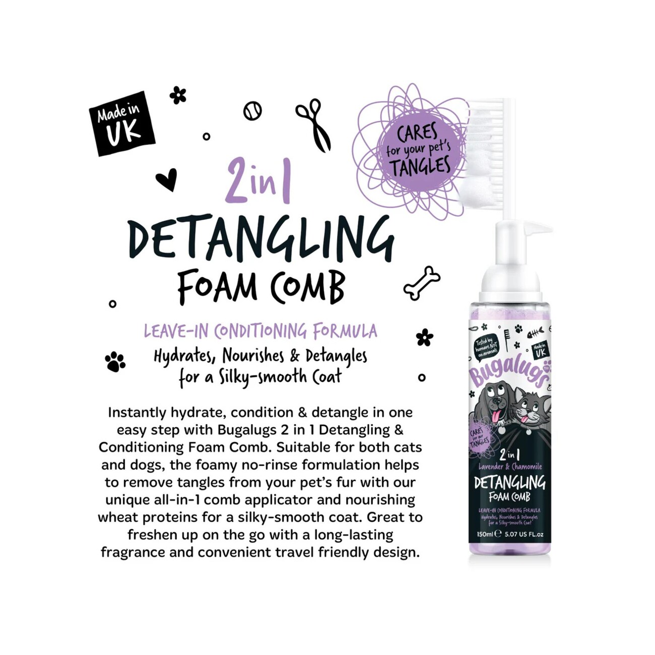 Bugalugs Fellentwirrungsschaum mit Kamm Lavendel & Kamille 150 ml