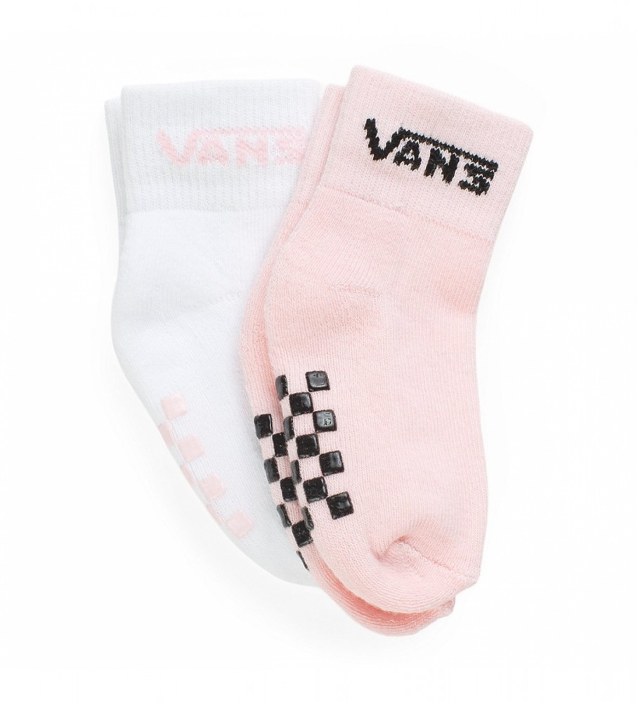 Conjunto de 2 pares de meias Vans Baby Drop V Classic, brancas e rosa.
