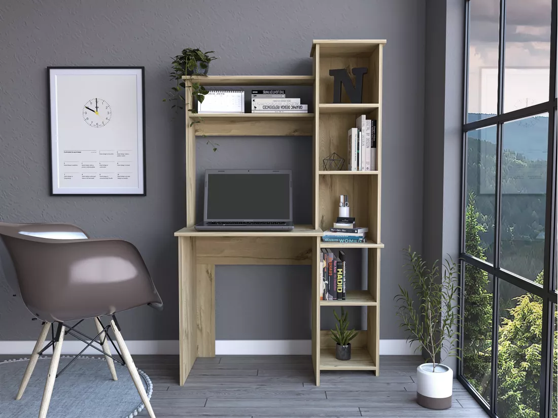 Bureau Versailles avec bibliothèque en mélamine avec 6 étagères 162.30 cm X 98.29 cm X 45.21 cm , Beige