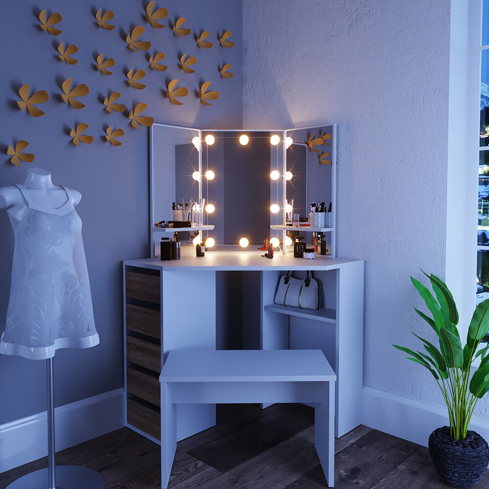 VICCO LED Eckschminktisch ARIELLE Kosmetiktisch Frisiertisch Weiß Eiche Bank