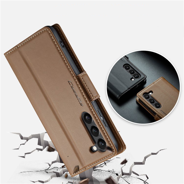 Samsung Galaxy S24 Leder Tasche Flip Wallet Etui mit Kartenfächern Litchi Look (RFID Schutz) - Braun