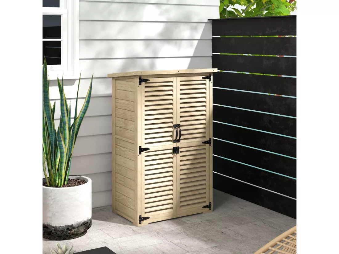 Armoire de jardin abri de jardin 2 portes persiennes 2 étagères toit bitumé bois sapin pré-huilé
