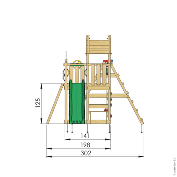 Speeltoestel Jungle Gym Teepee grenen geïmpregneerd met glijbaan donker groen en 1-klimrek module
